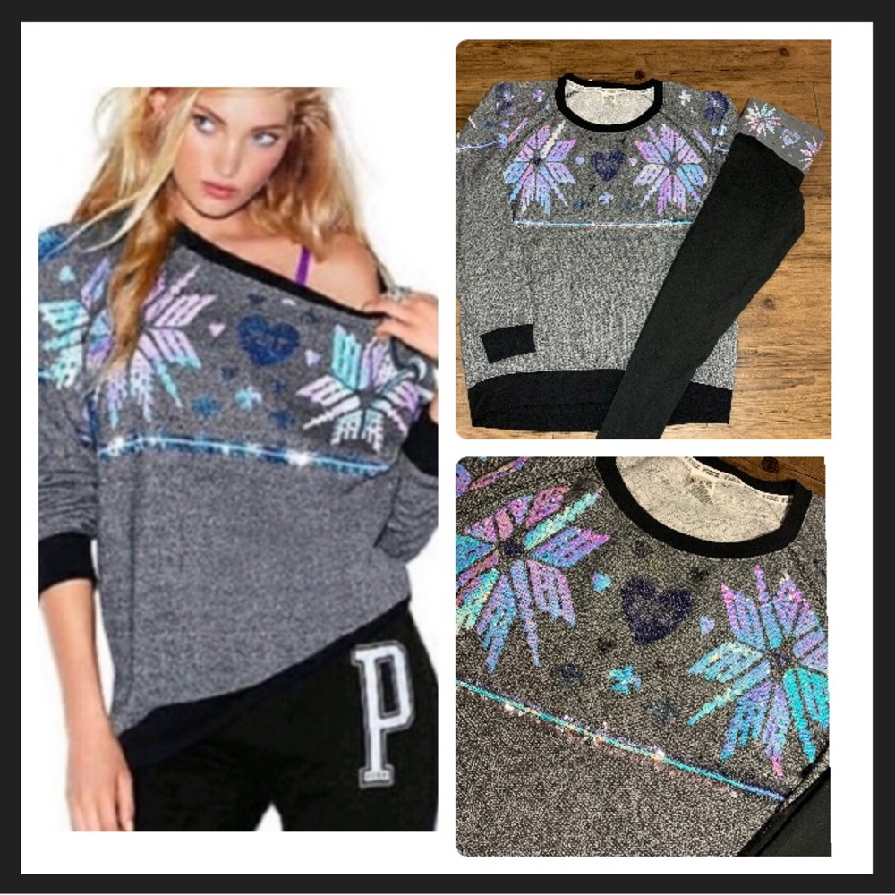 RARE Victoria's Secret PINK Bling Sequin Snowflake Set & Iridescent Purple med
